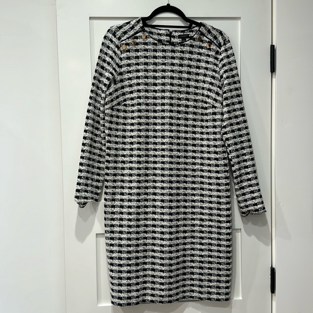 Ann Taylor houndstooth dress with gold flecks and buttons.
